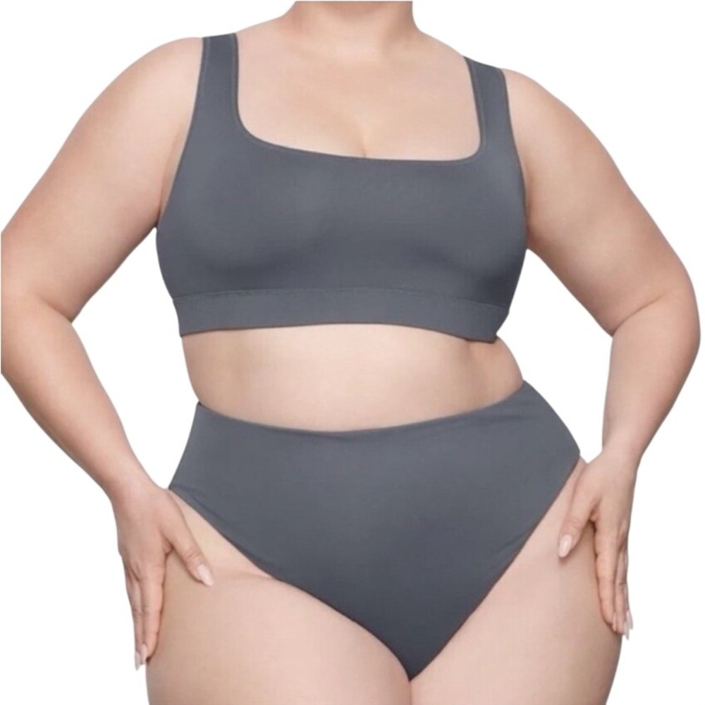 Skims Swim Dipped Waist High Waisted Bikini Bottom Gunmetal Grey LARGE